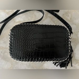 Black Crocodile (Vegan) Leather Cross Body with Fringe and Silver Chain details!